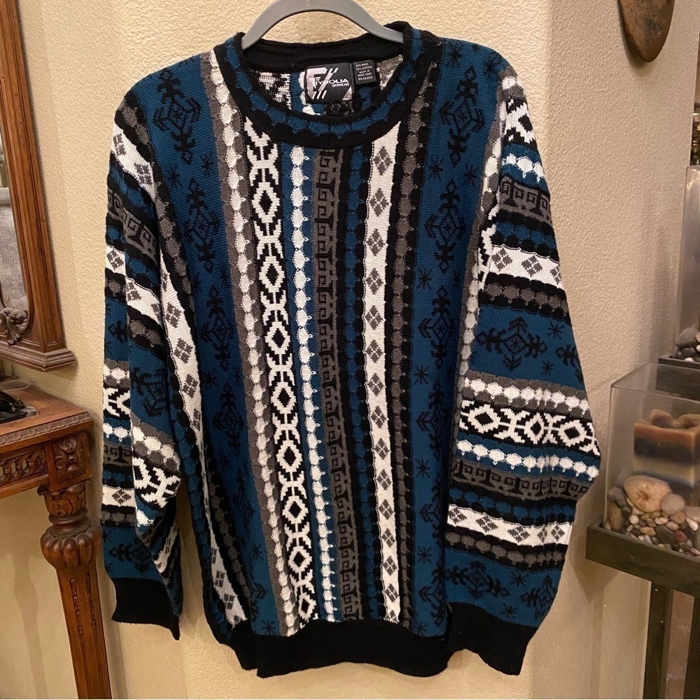 Vintage TYROLIA Men Multicolor Patterned Ski Wear Wool Blend Sweater Size XL